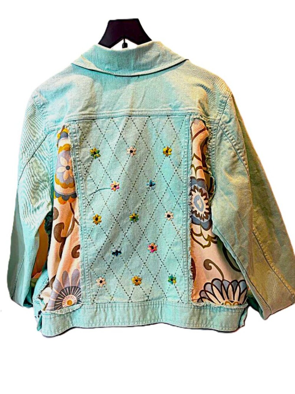 Women's Plus size Bohemian Hand Embroidered Frayed Mint Green Denim Jacket XXL - Picture 2 of 9